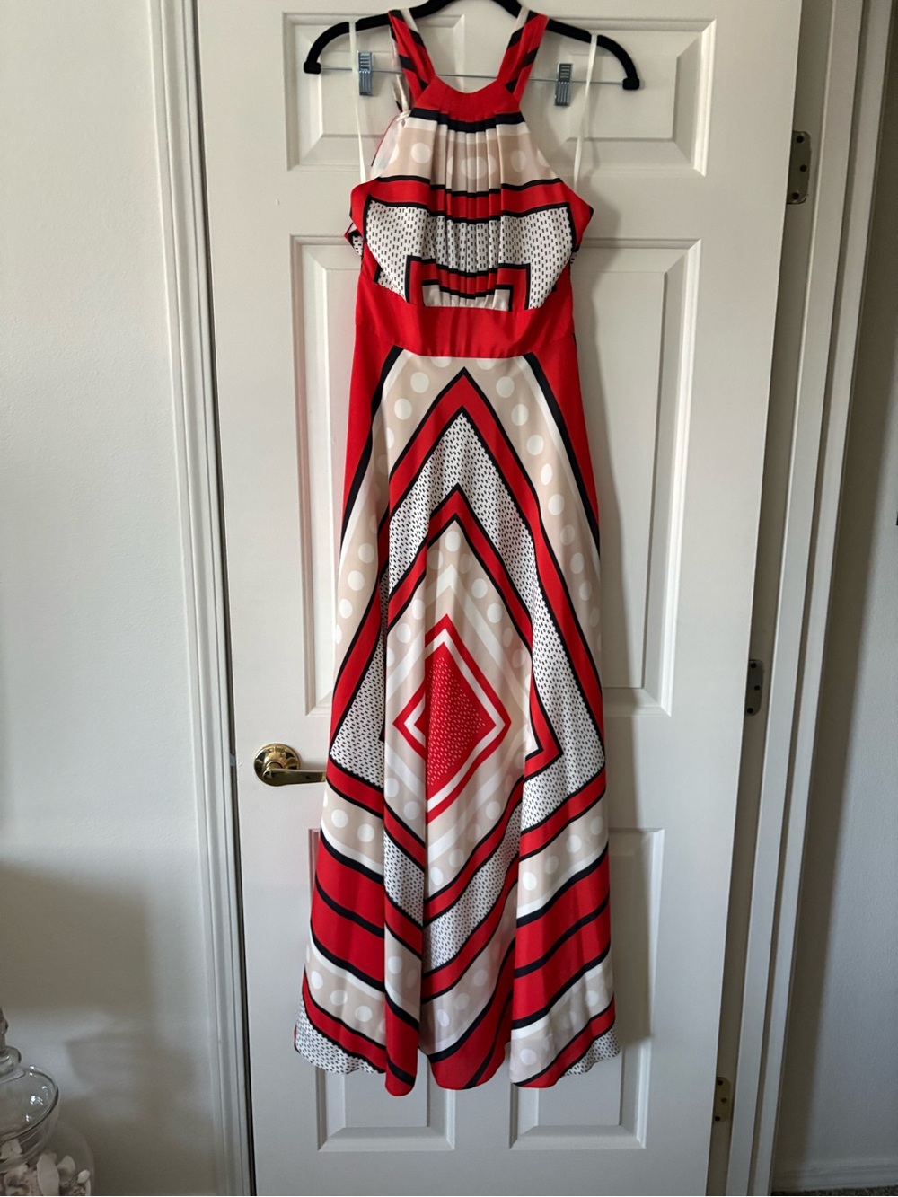 Eliza J Red Cream Geo-Print Halter Maxi Dress